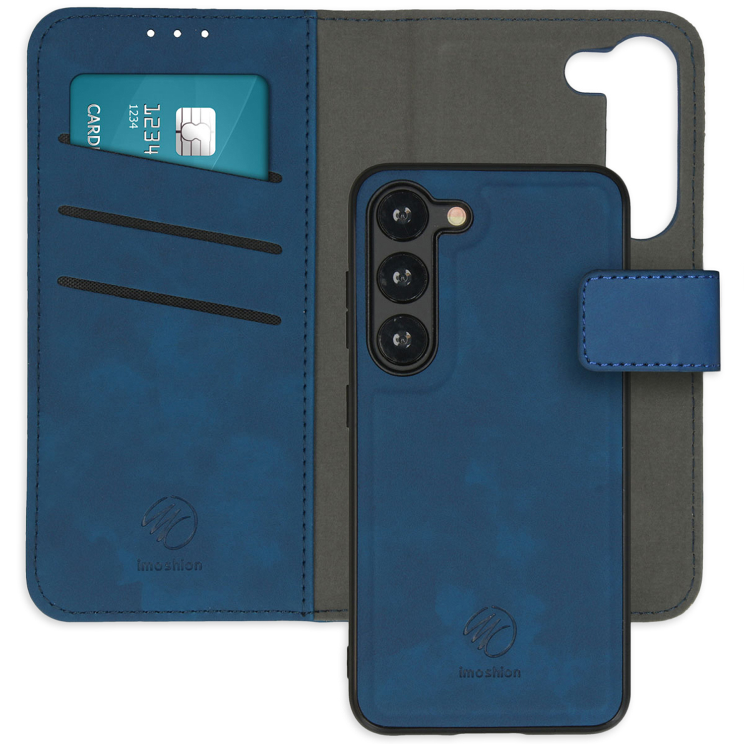 Blauwe portemonnee telefoonhoes. Toont de open hoes met een creditcard, de telefoon en de binnenkant.