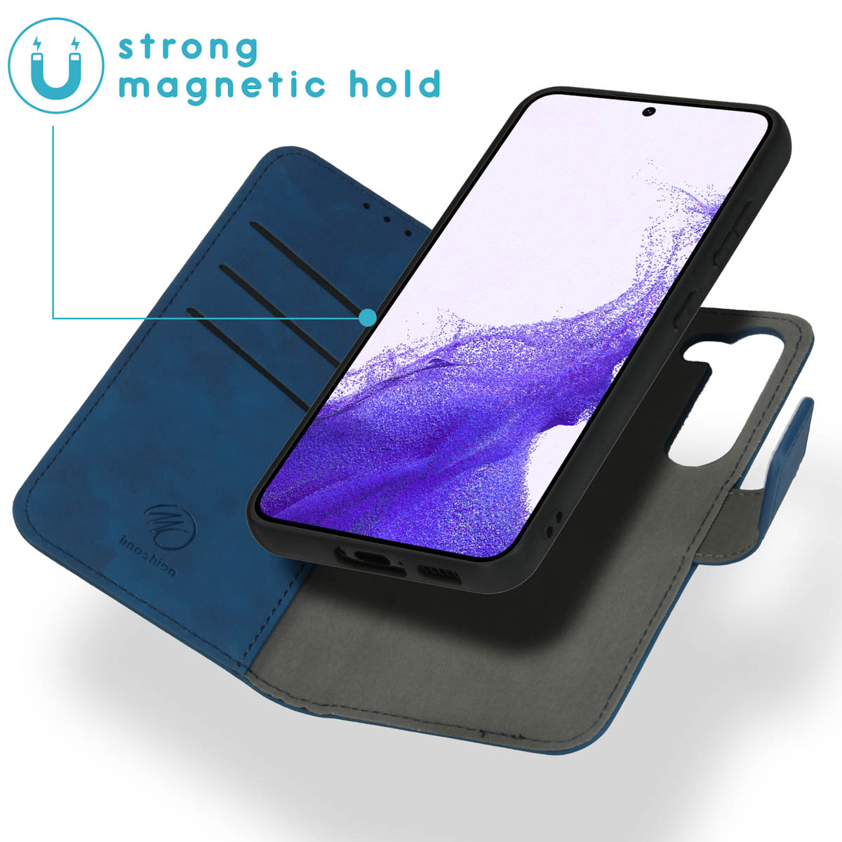 Een blauw telefoonhoesje met magnetische sluiting. Toont telefoon binnenin met kaartsleuven en magnetische sluiting.