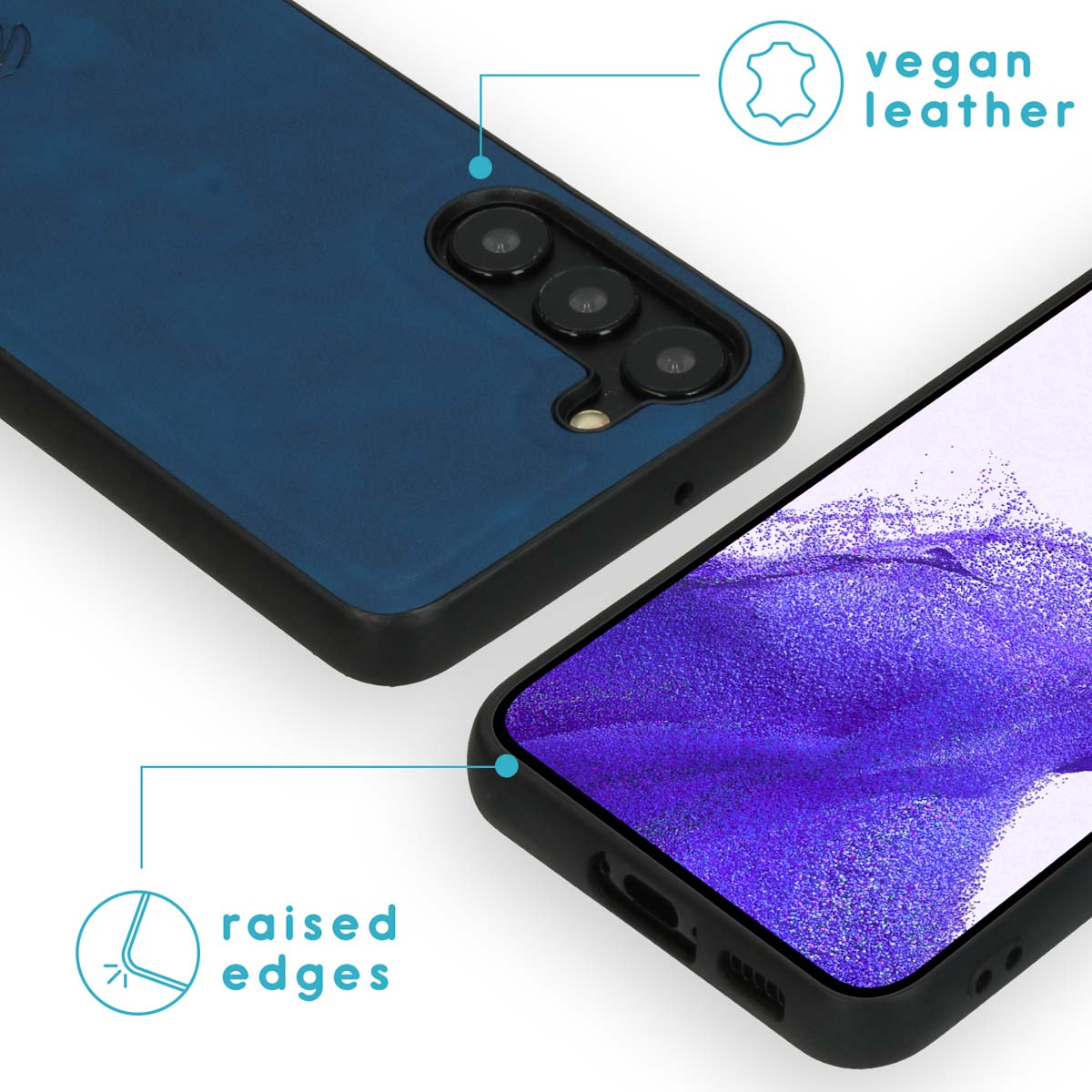 Telefoonhoesje, achteraanzicht. Blauwe leren hoes met vegan lederen detail. Verhoogde randen op het scherm.