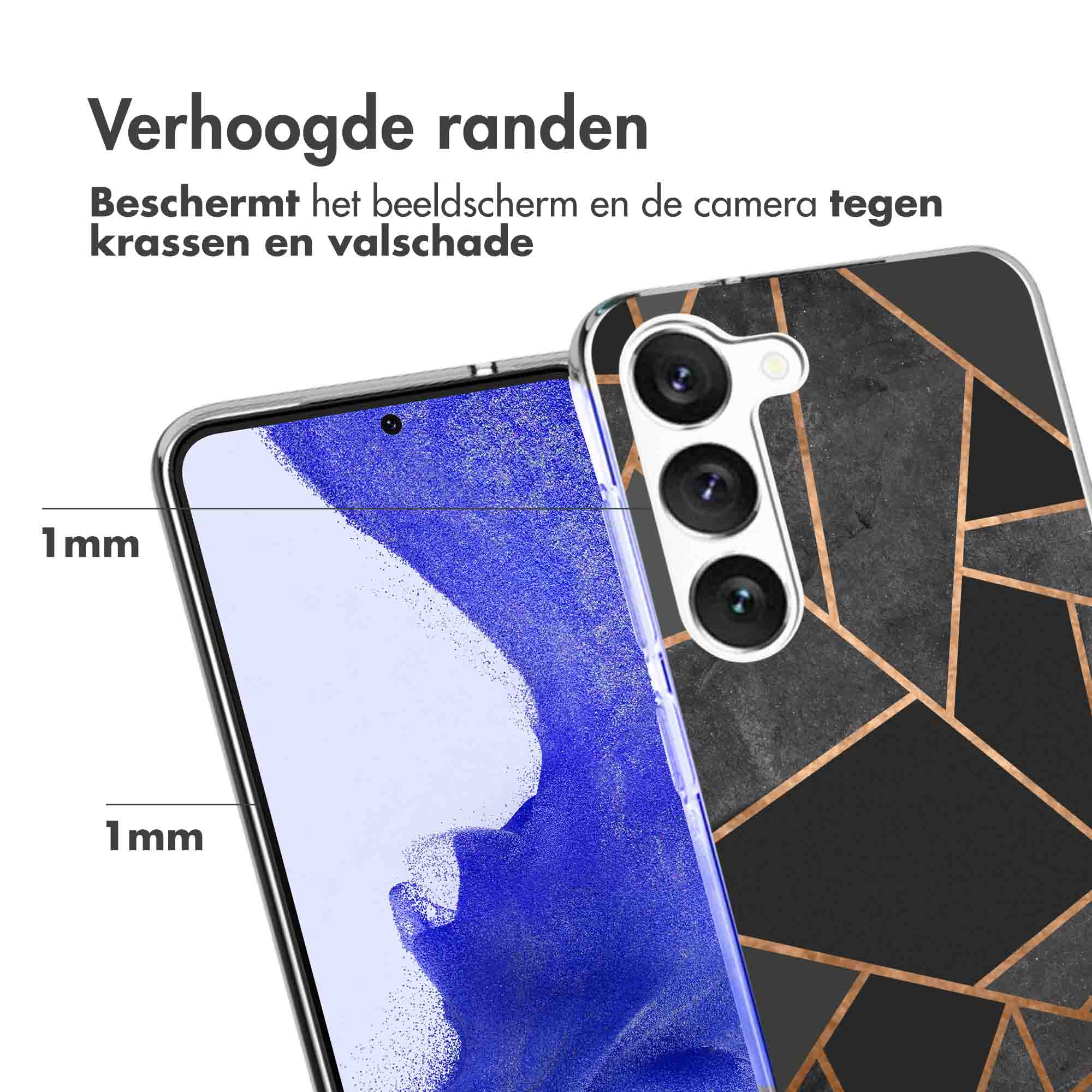 Phone with a black and gold case. Text: Protects screen and camera from scratches and damage.
