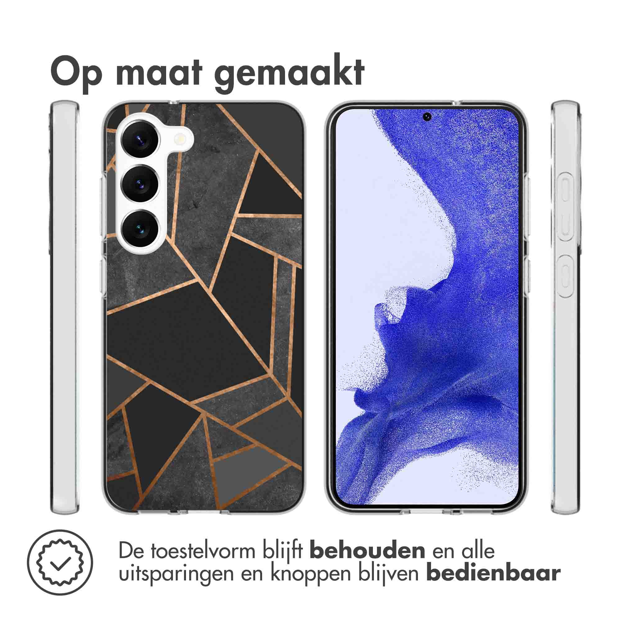 Phone with a black and gold patterned phone case. Two sides of the phone are visible.