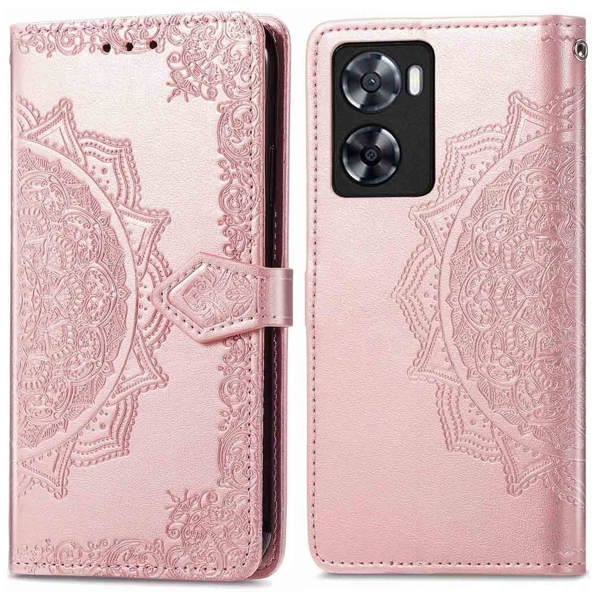 Roze telefoonhoesje, open, met een telefoon. De hoes is versierd met een bloemen mandala ontwerp.