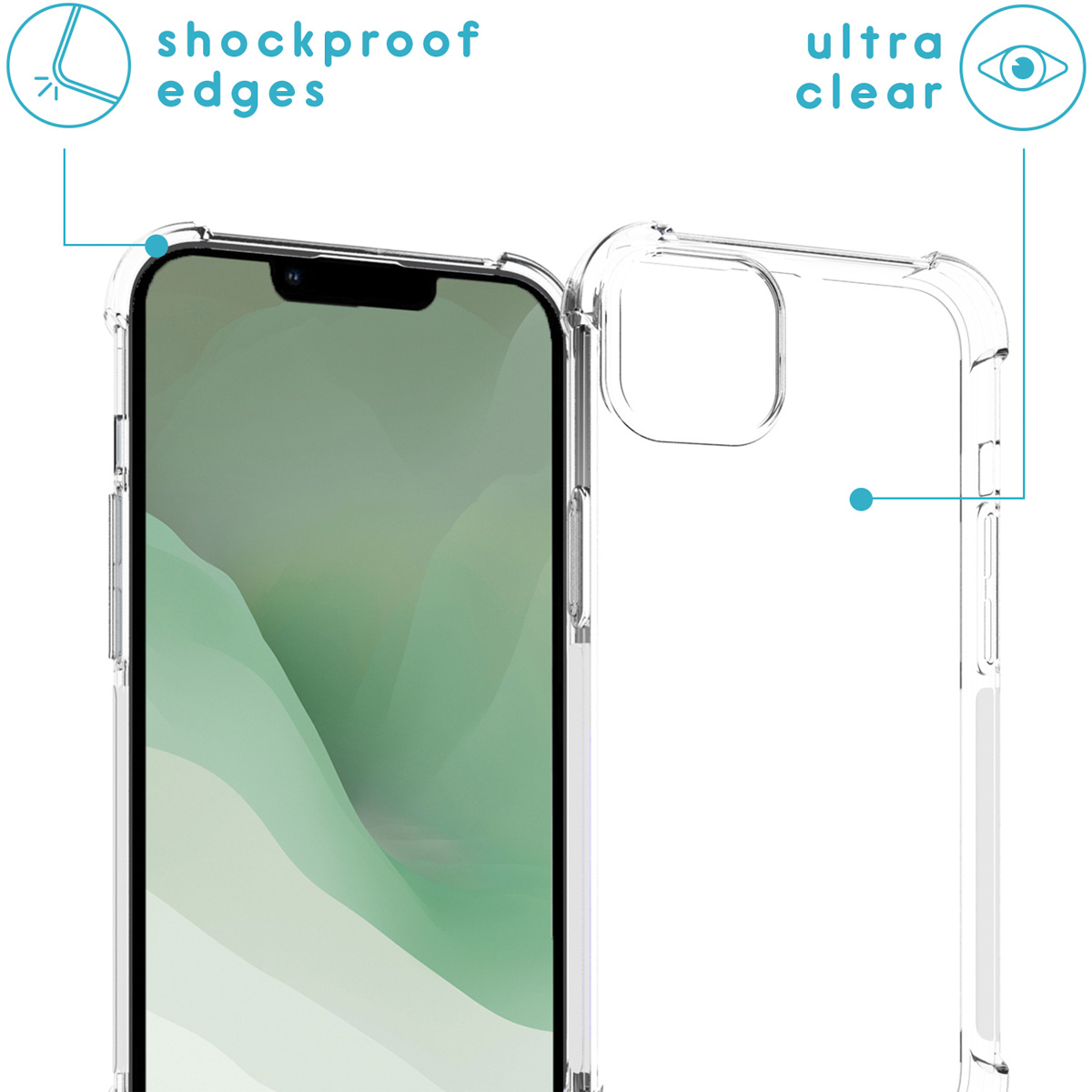 Transparante telefoonhoes met schokbestendige randen. Telefoonscherm zichtbaar, met een helder ontwerp.