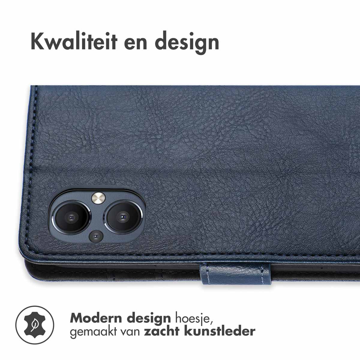 Blauwe telefoonhoes met een textuur. Tekst bovenaan: 'Kwaliteit en design.'