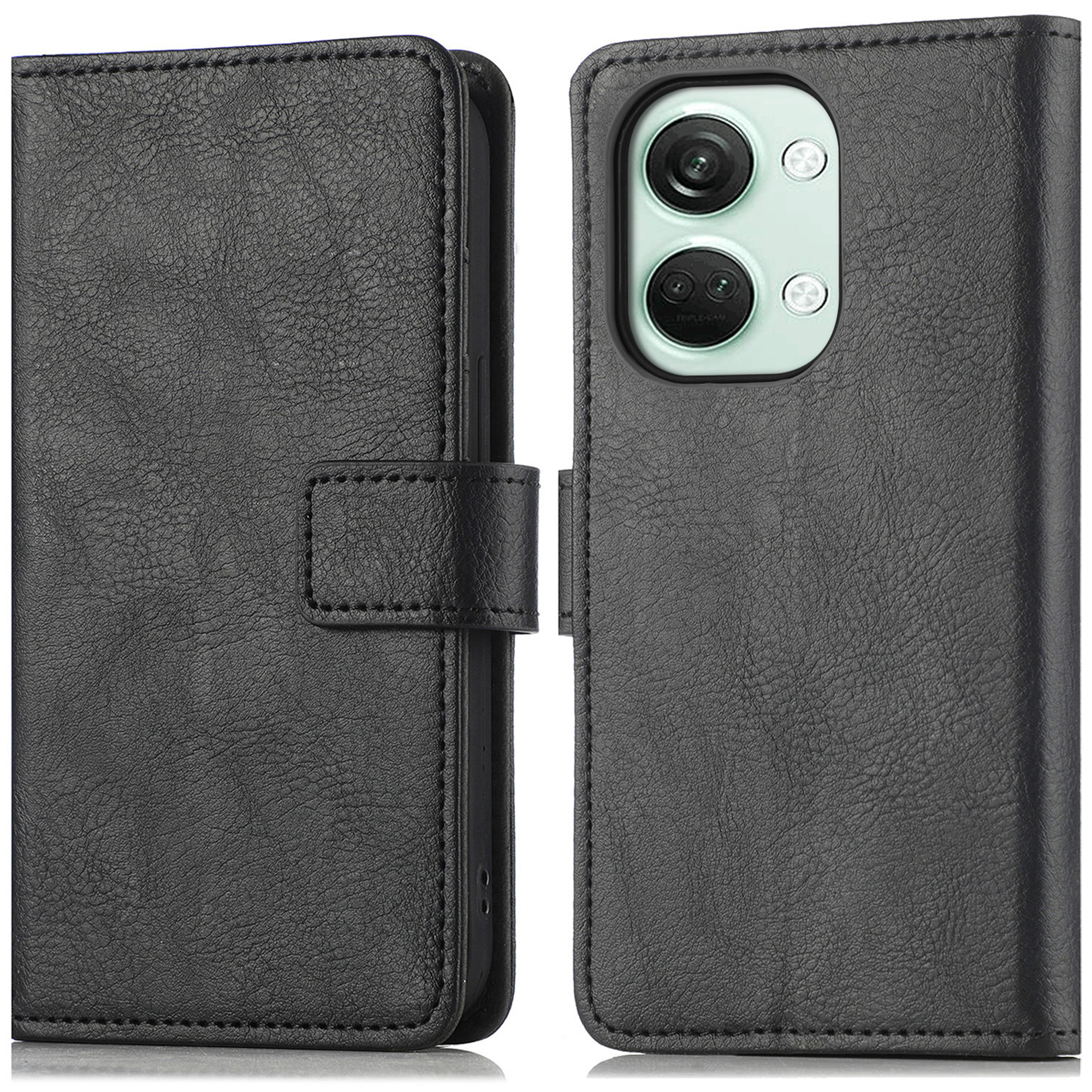 Un étui en cuir noir, fermé et ouvert avec un téléphone à l'intérieur. Le téléphone a des caméras doubles.