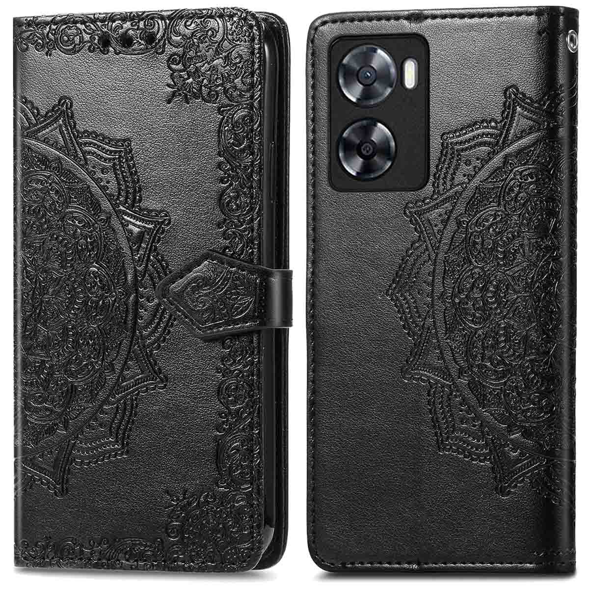 Zwarte telefoonhoes, open en dicht, met een mandala-ontwerp.