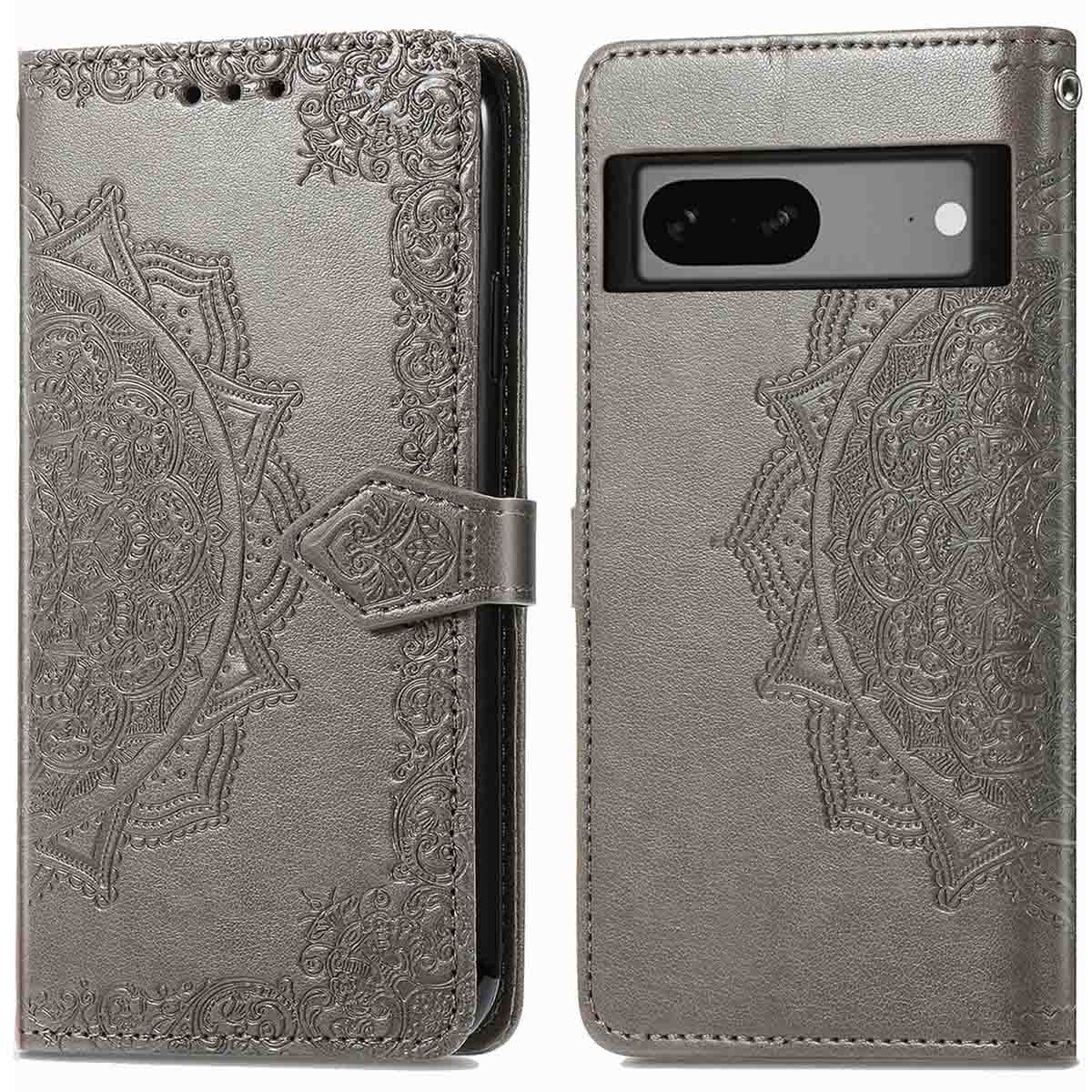 Grijze telefoonhoes met een mandala design. Hoesje is open.