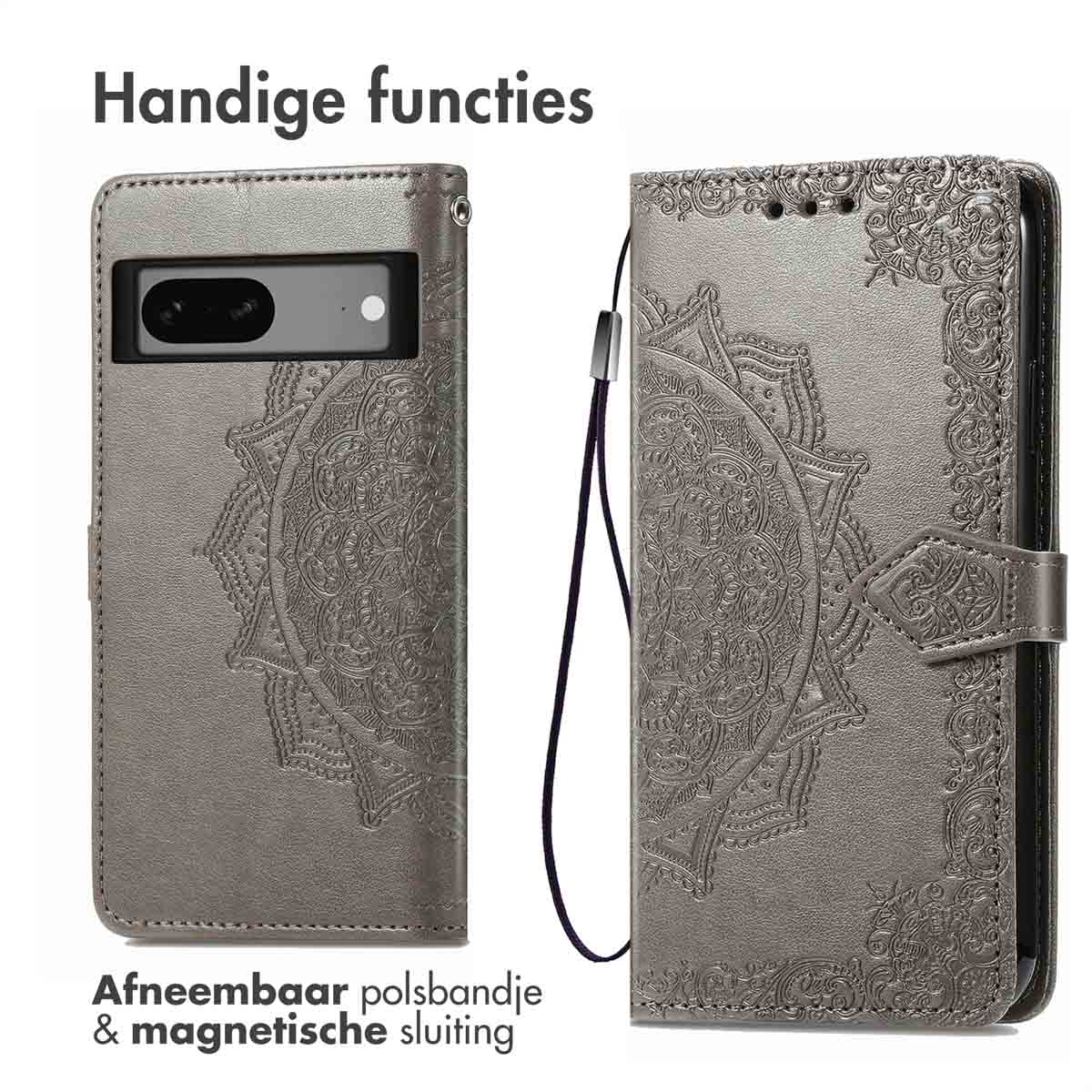 Grijze leren telefoonhoes, open en dicht. Gedetailleerd mandala ontwerp. Inclusief polsband.