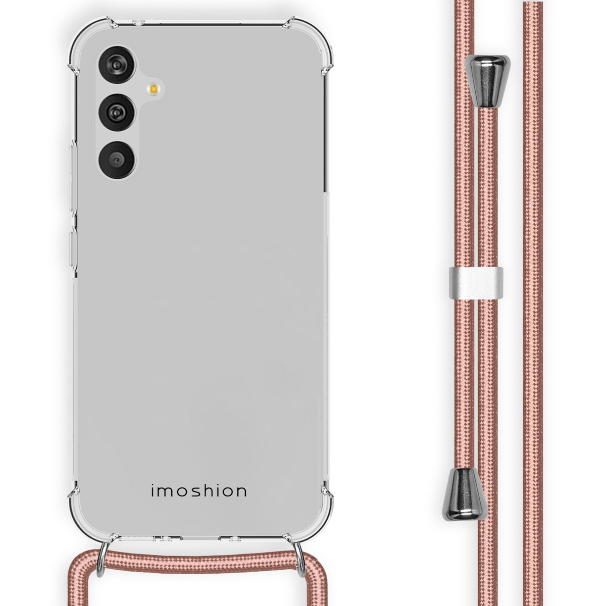 Coque transparente avec cordon attaché au téléphone.