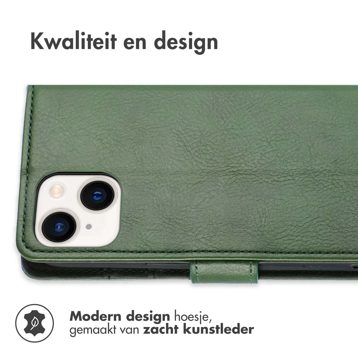 Groene telefoonhoes, close-up van de achterkant met camera. Tekst: Kwaliteit en design.
