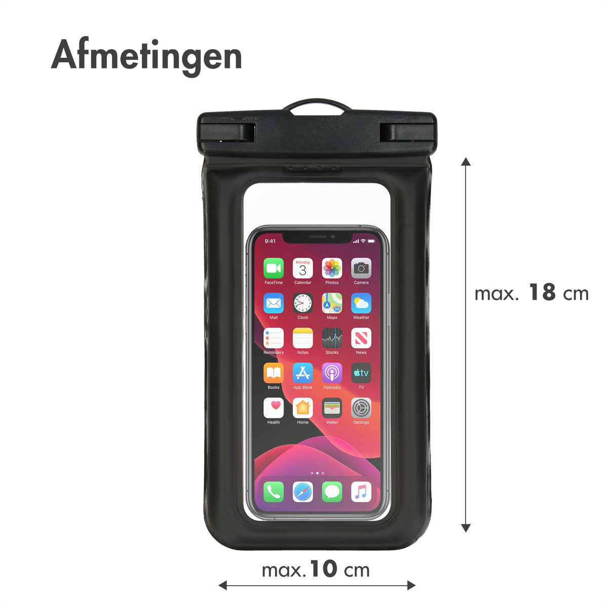 A phone in a black waterproof case. The dimensions are shown with max 18 cm height and max 10 cm width.