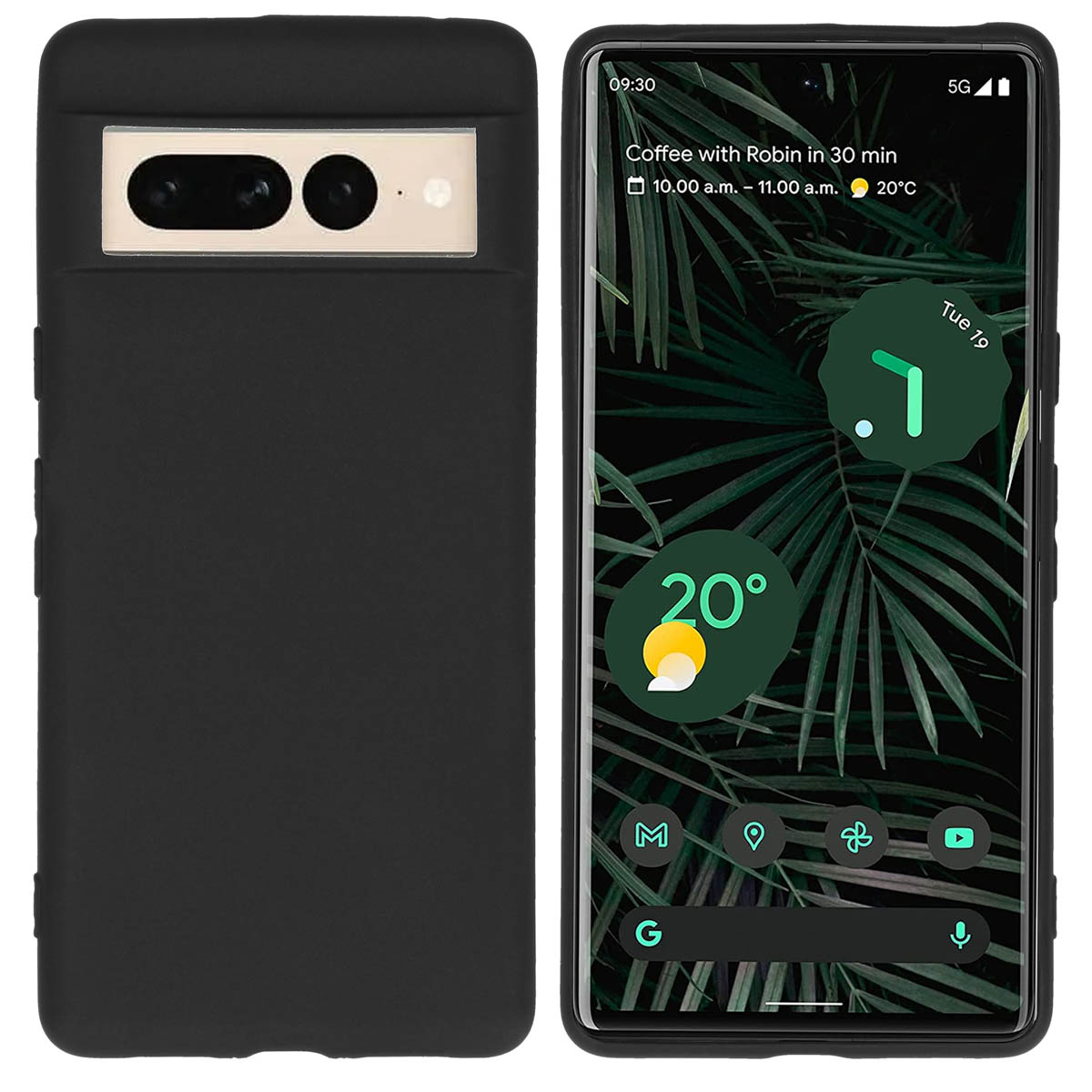 Custodia nera attorno a un telefono con interfaccia che mostra ora e temp.