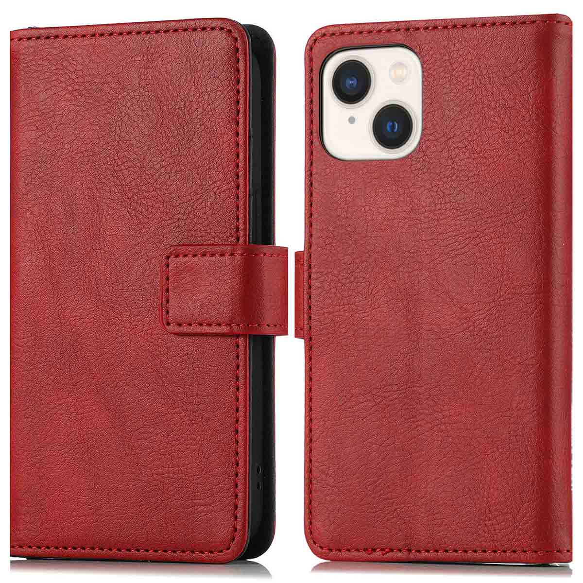 Een rood leren telefoonhoesje, gesloten en open met een telefoon erin. De telefoon heeft dubbele camera's.
