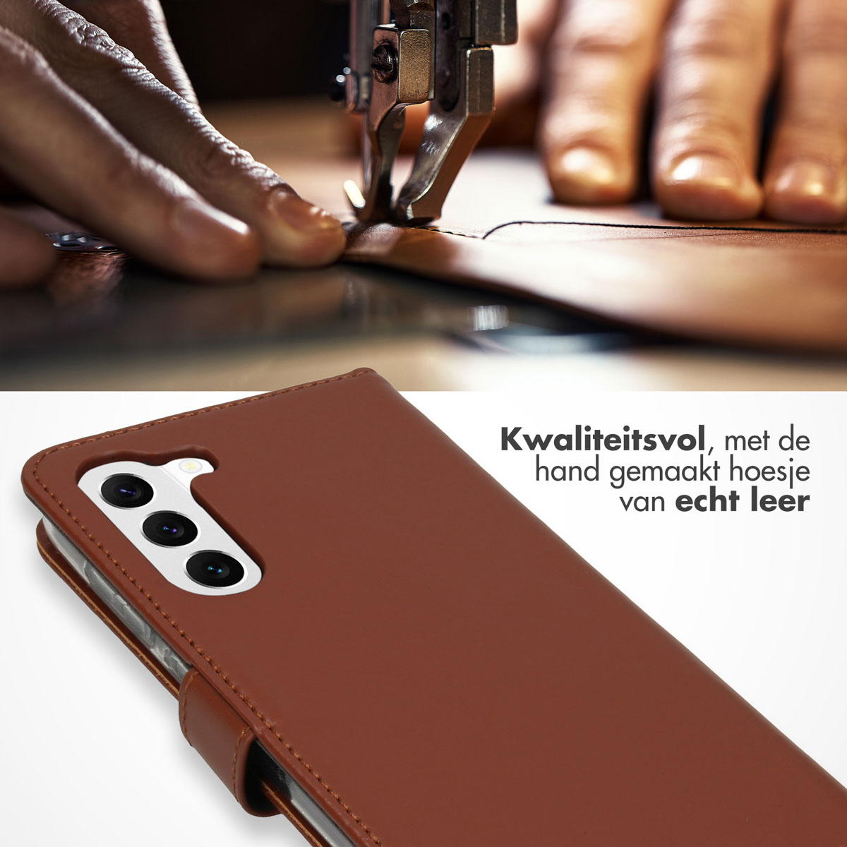 Een bruine leren telefoonhoes wordt genaaid. Tekst: Hoogwaardige, handgemaakte telefoonhoes van echt leer.