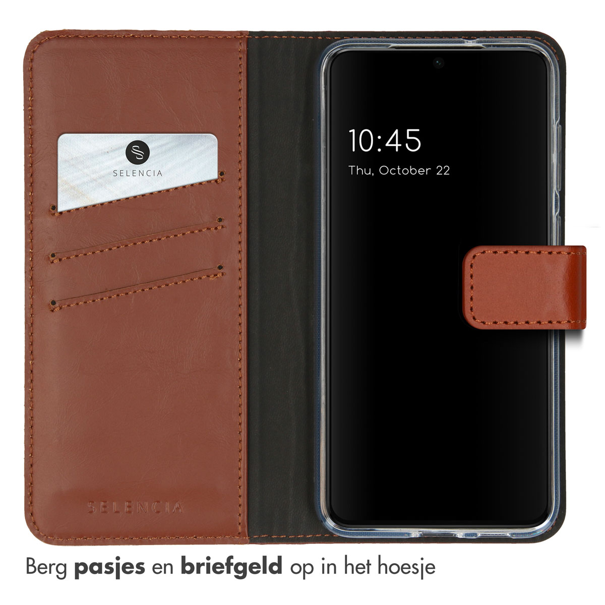 Bruine portemonnee telefoonhoes met een kaart en een telefoon die de tijd toont.