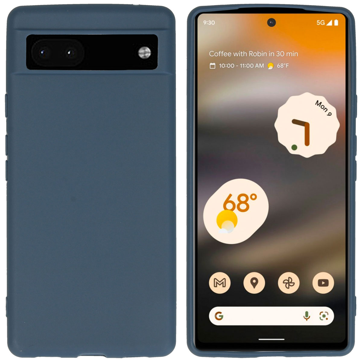 Blauw telefoonhoesje op een telefoon. Toont het scherm, met tijd en weer.