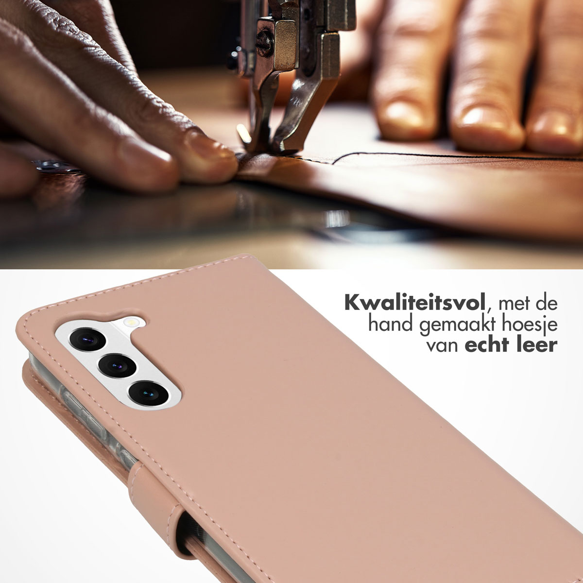 Handen naaien een roze leren telefoonhoes, stiksels en design zichtbaar.