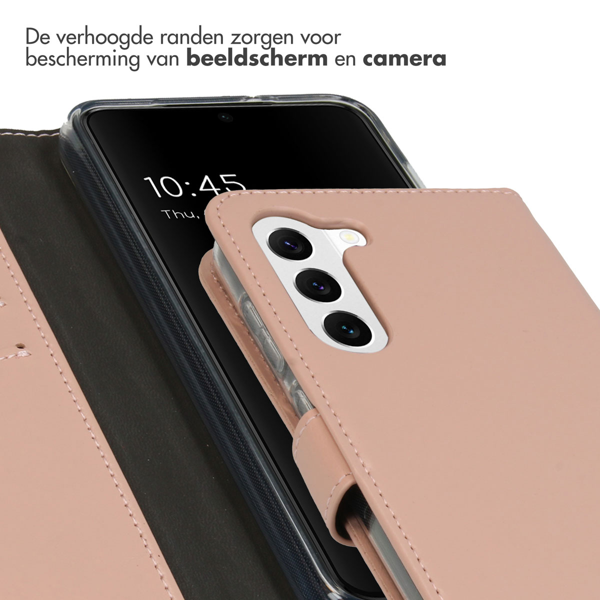 Roze telefoonhoes met een telefoon erin, toont het camera gebied.