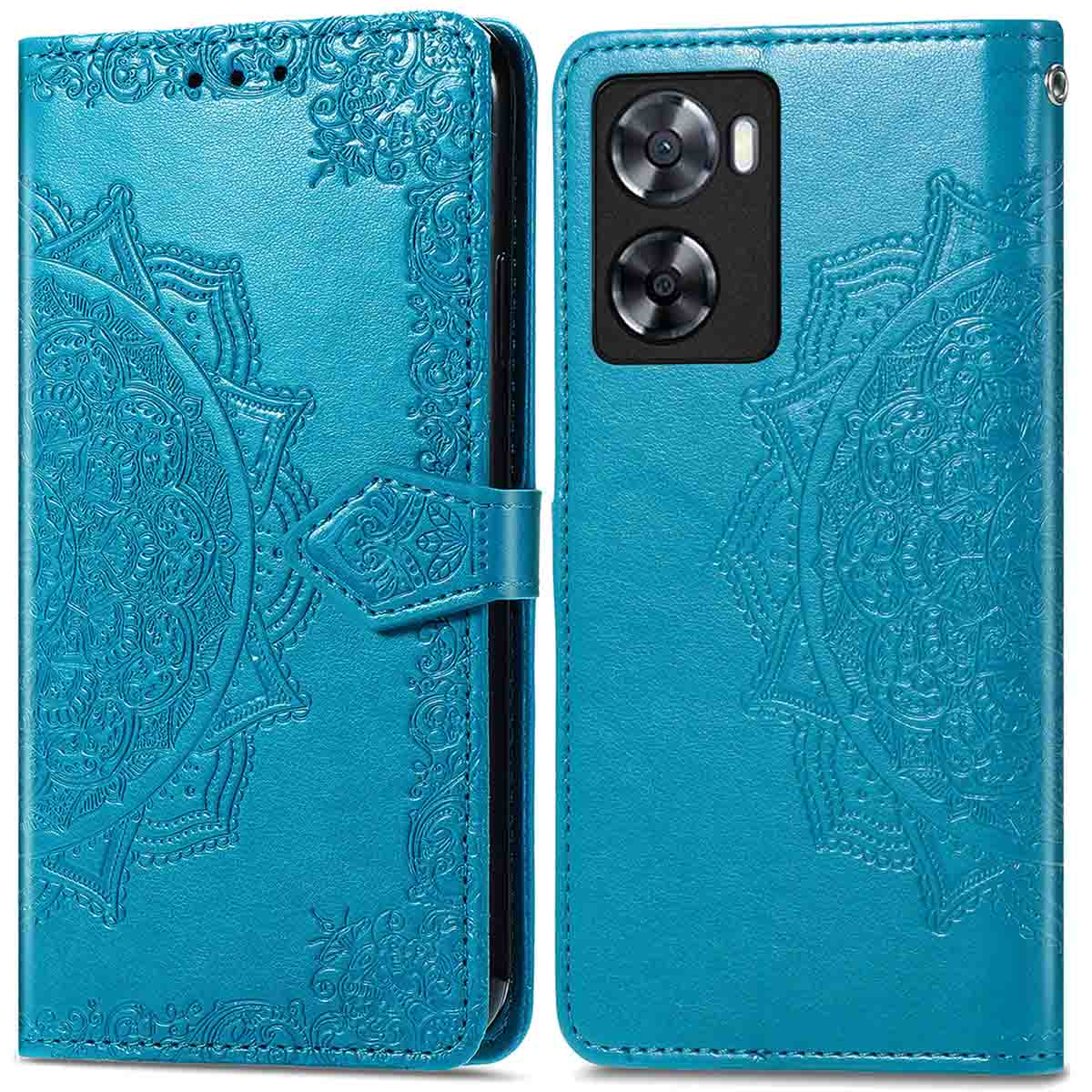 Blauwe telefoonhoes met reliëf, met sluiting en decoratief patroon.