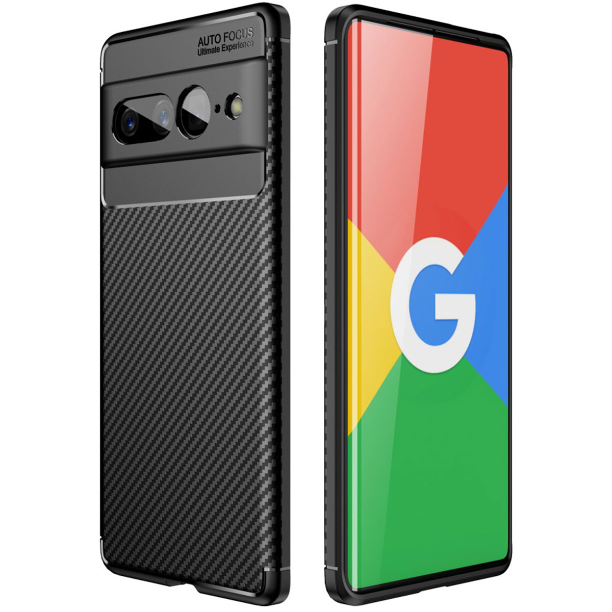 Schwarze Handyhülle mit Kohlefasertextur und Telefon mit Google-Logo.