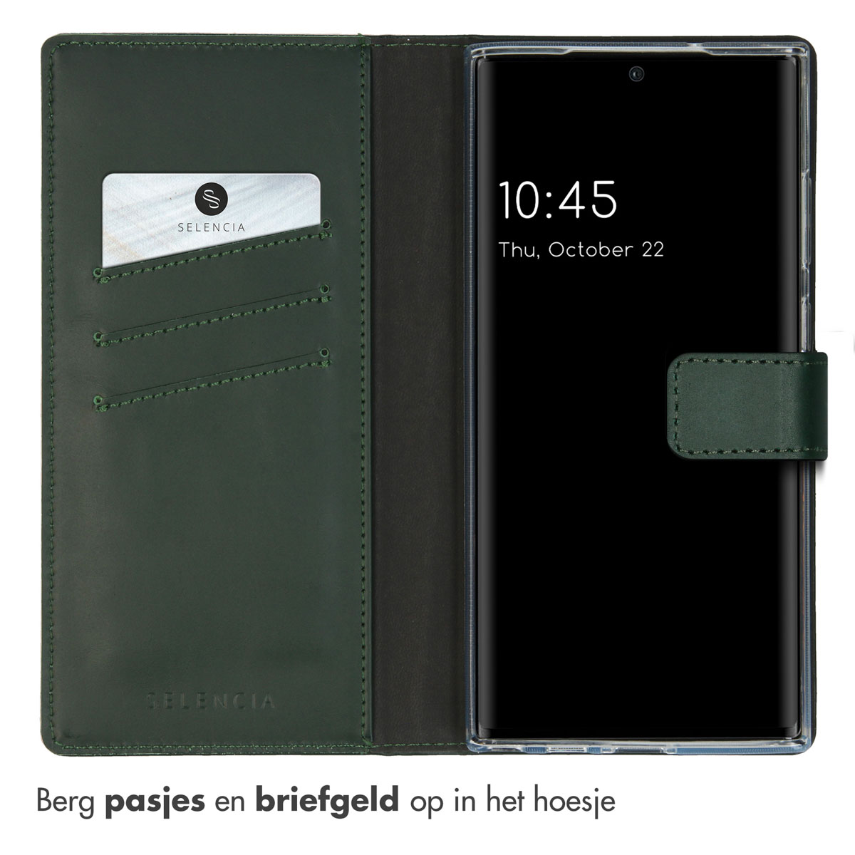Groene telefoonhoes, met een telefoon erin en kaartsleuven. De hoes is open, met een riem.