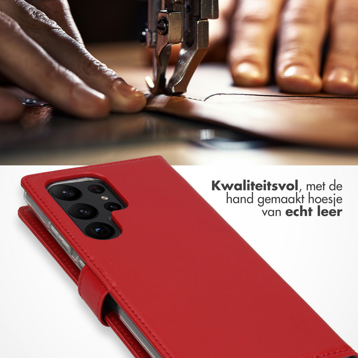 Red leather phone case being sewn. Text: High-quality, handmade case made of genuine leather.