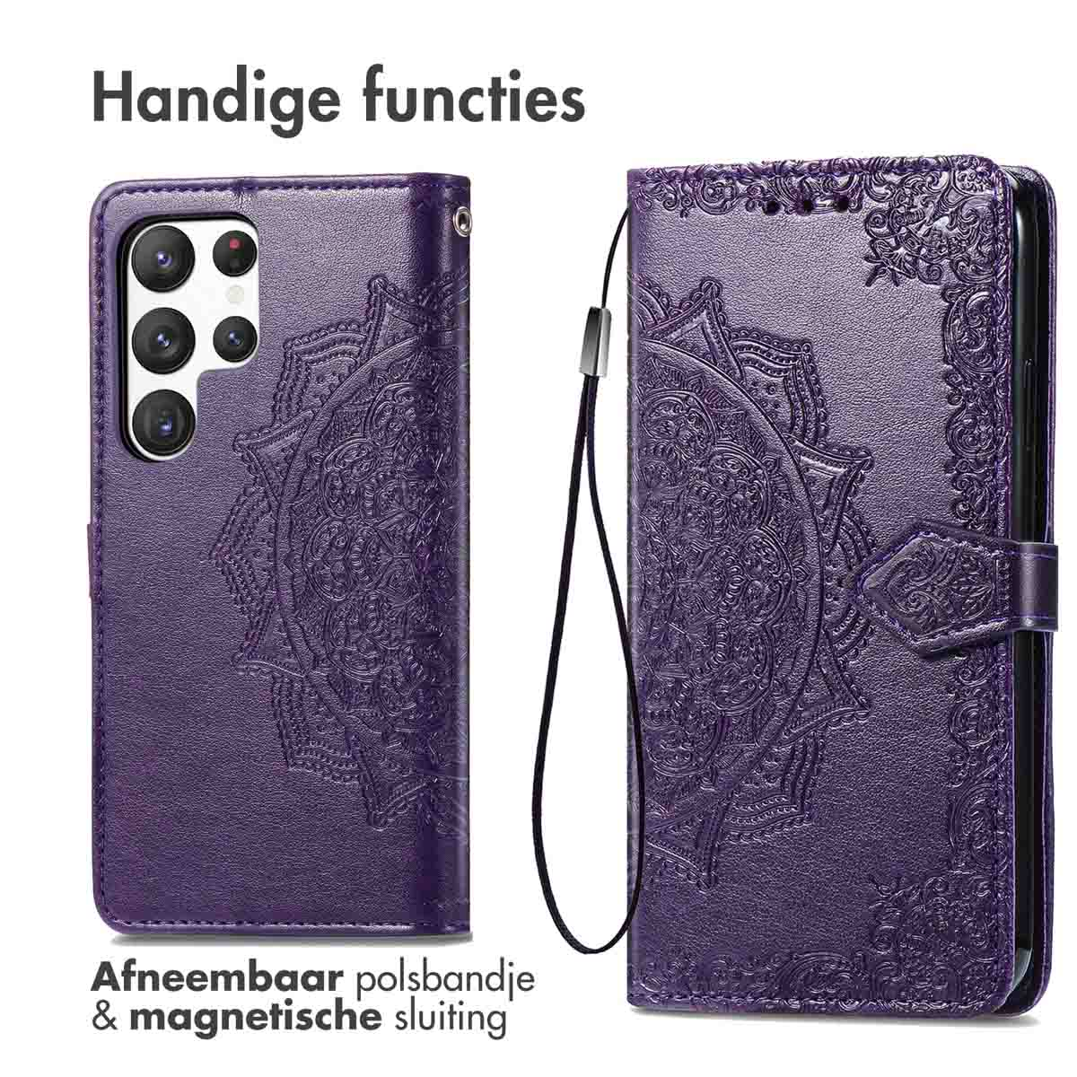 Paarse telefoonhoes met mandala-ontwerp. Inclusief polsbandje en magneetsluiting.
