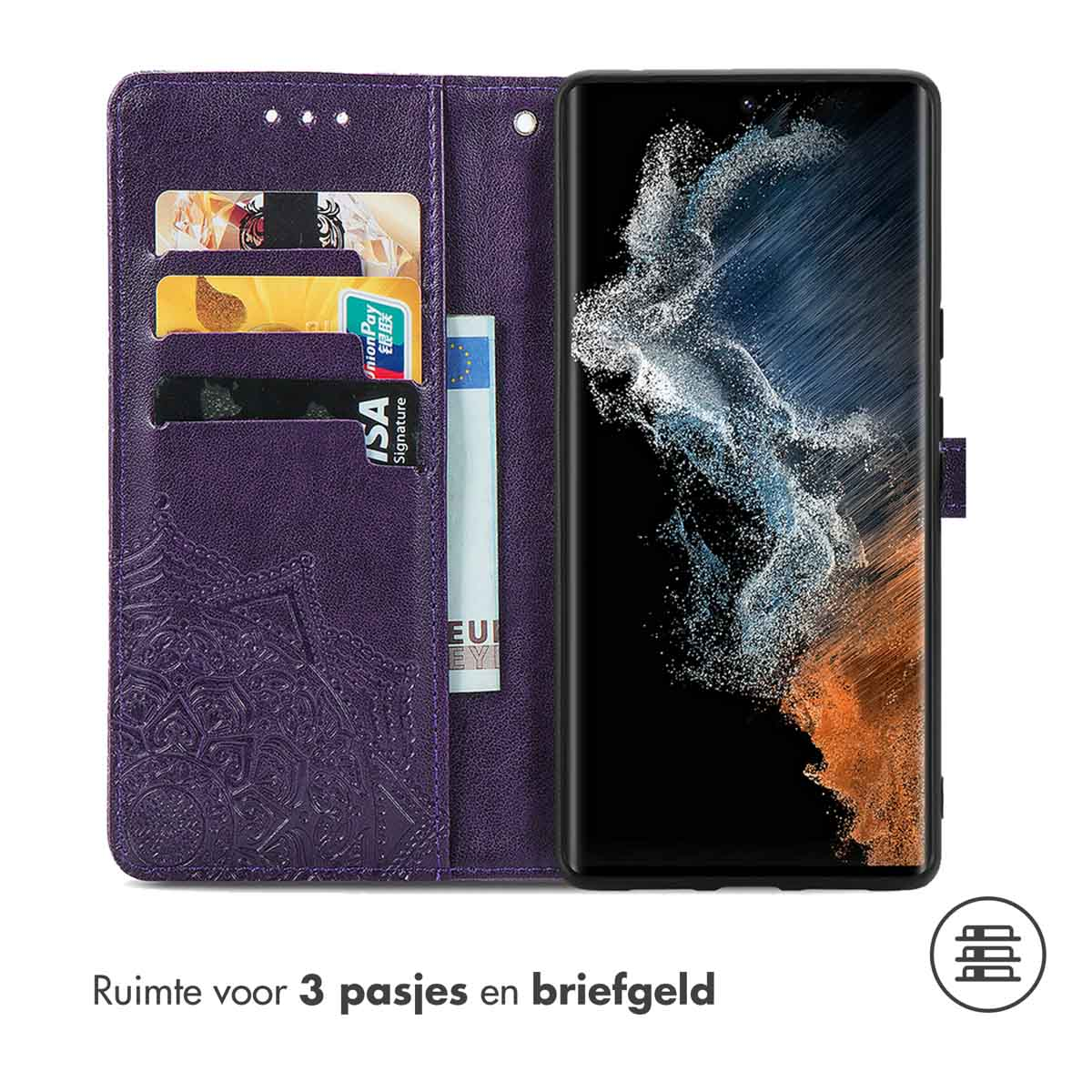 Paarse telefoonhoes open, met kaarten, geld en telefoonscherm.