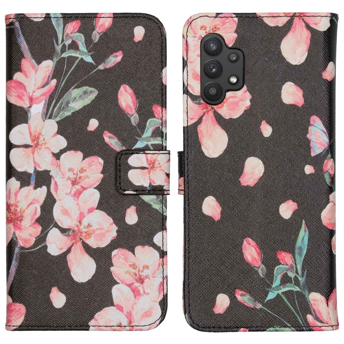 Telefoonhoes open, met bloemenontwerp, toont telefoon met roze bloemen op zwarte achtergrond.