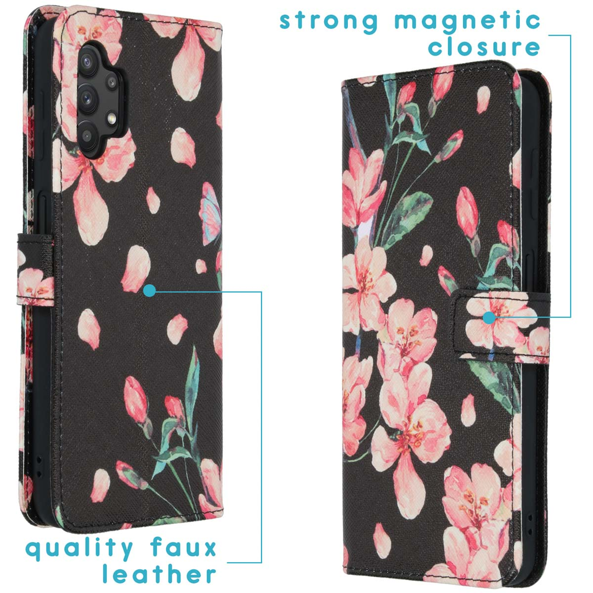 Telefoonhoesje met bloemenpatroon en sterke magnetische sluiting. Tekst links: 'quality faux leather'.