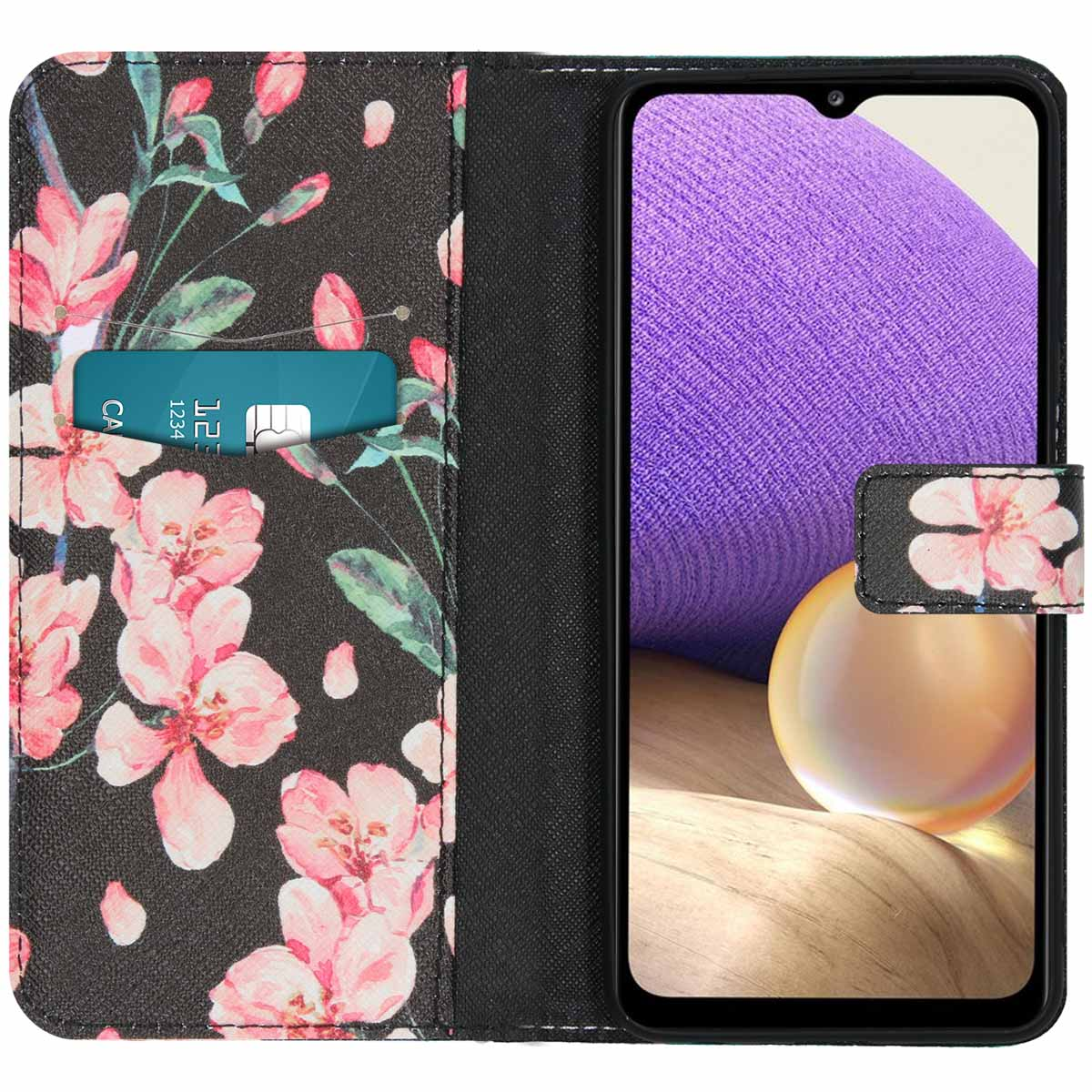 Telefoonhoes met bloemenpatroon, kaart en telefoon. Tekst: Bewaar kaarten en contant geld in de hoes.