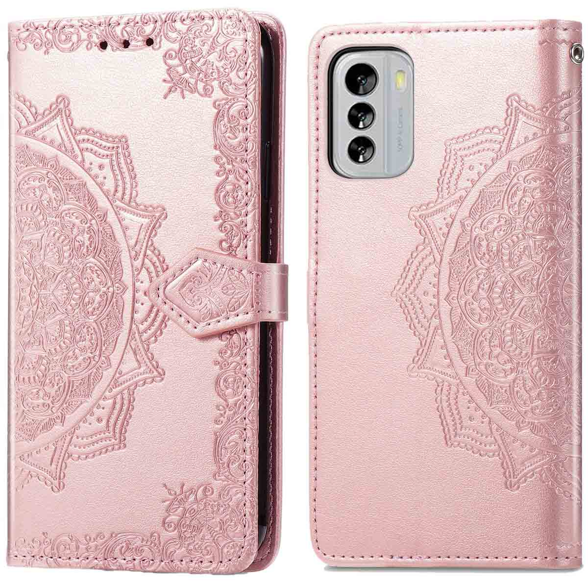 Roze telefoonportemonnee met mandala-ontwerp. De hoes heeft een sluiting en opent om een telefoon en kaartsleuven te onthullen.