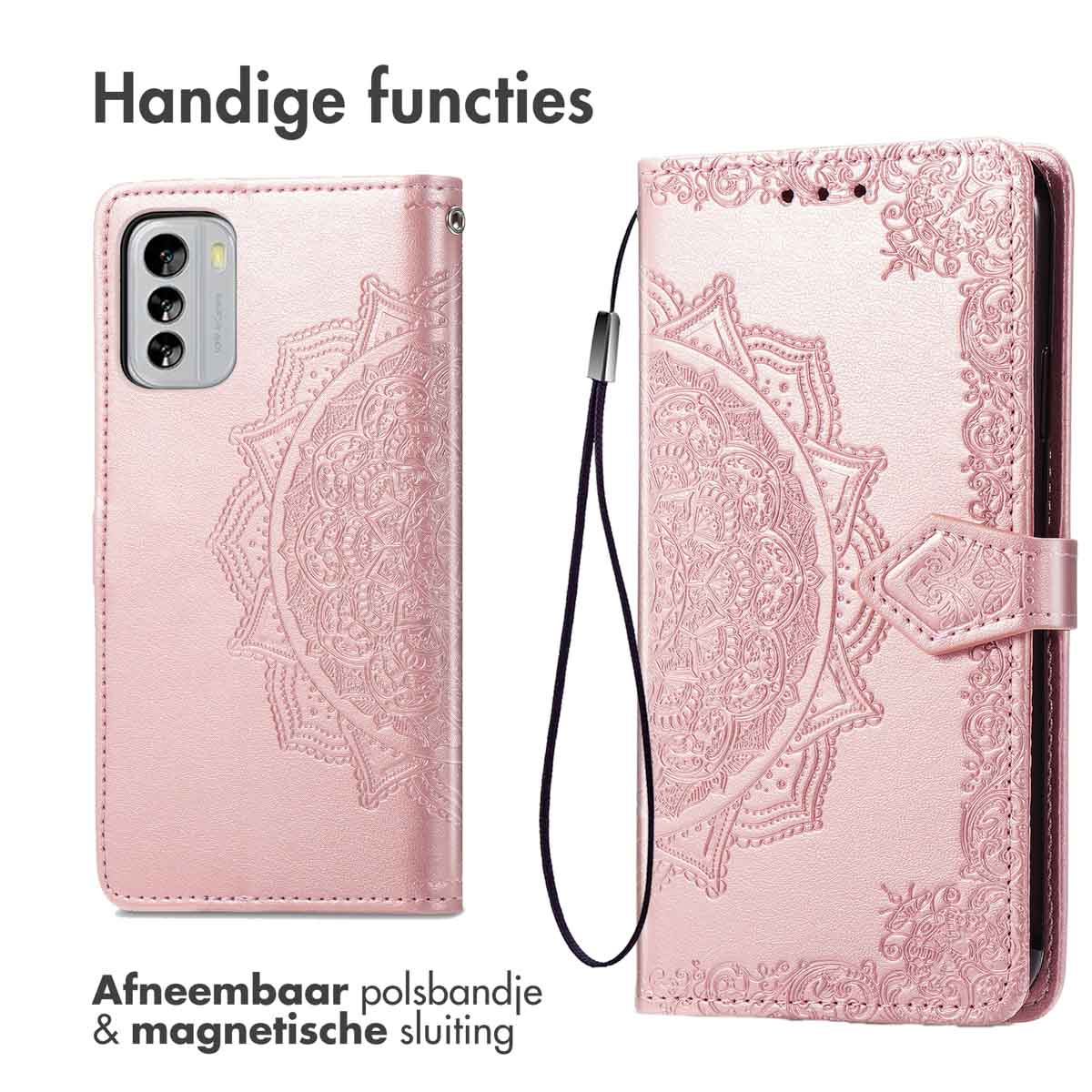 Roze telefoonhoes open, met mandala en polsbandje.