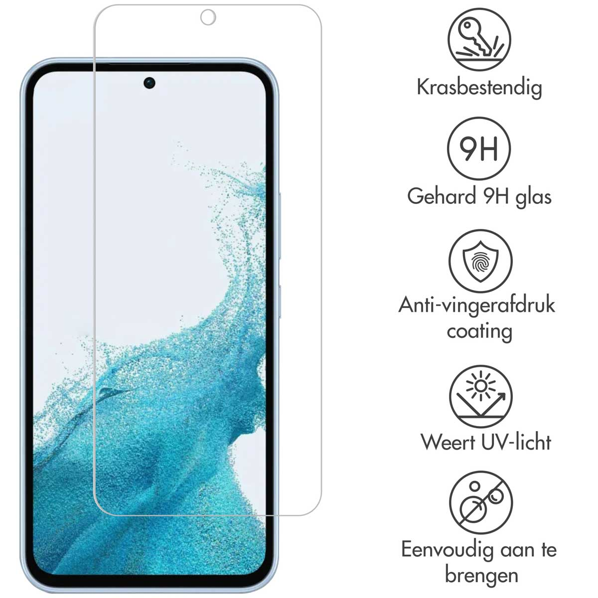 Écran de téléphone avec protection en verre. Le téléphone est bleu. Des icônes sont affichées à droite.