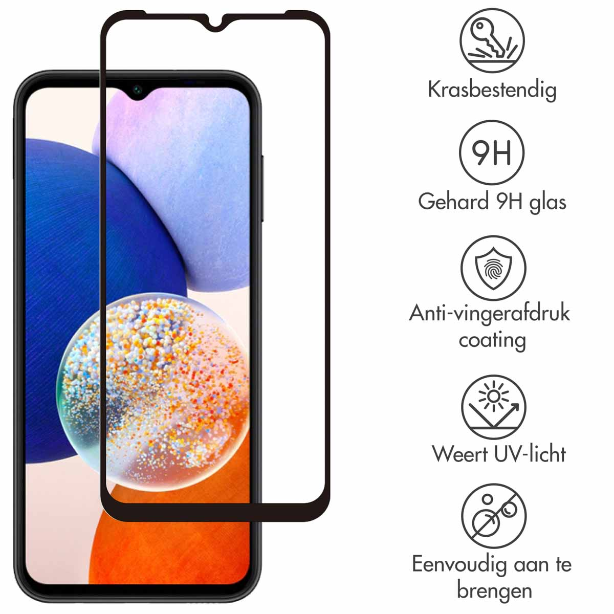 Téléphone avec protecteur d'écran appliqué, montrant l'écran et les bords.