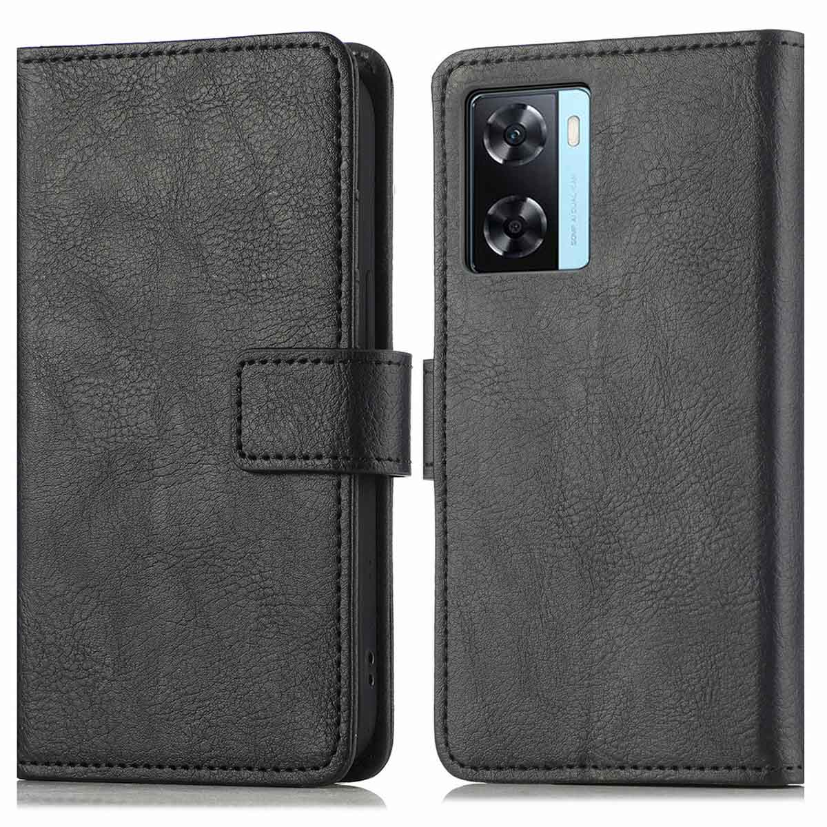 Étui de téléphone noir, style portefeuille, ouvert. Fermoir magnétique, bords cousus.