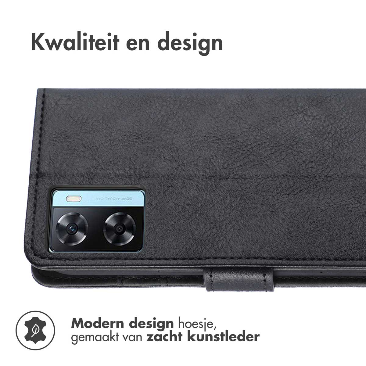 Étui portefeuille de téléphone noir montrant un téléphone avec une caméra. Il est fabriqué en cuir artificiel souple.