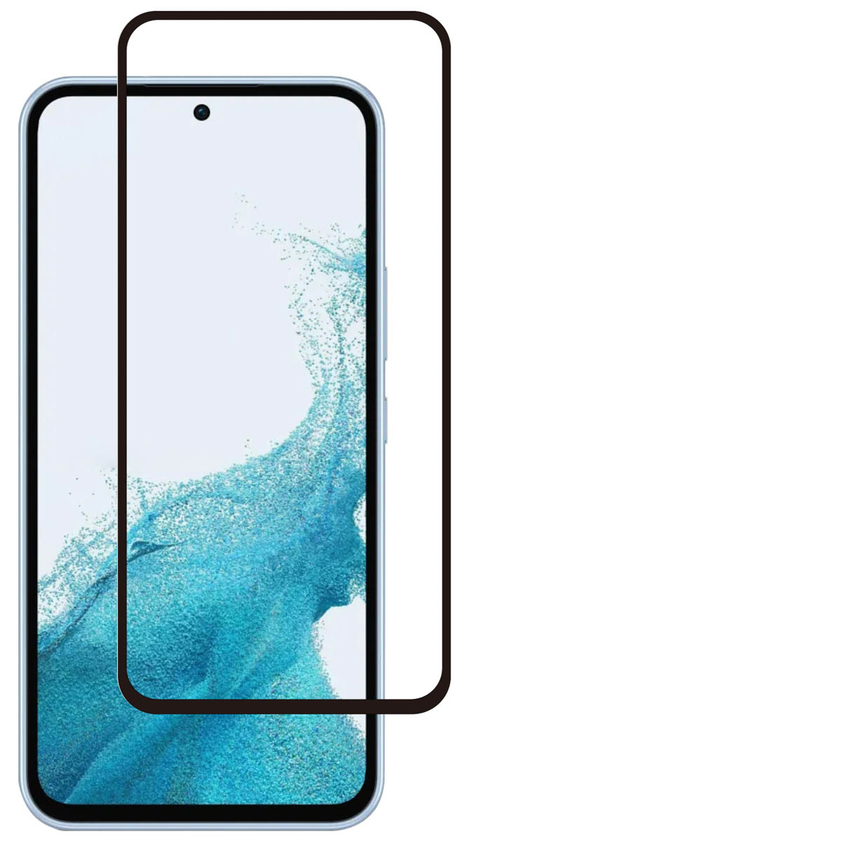 Écran de téléphone avec un protecteur d'écran. Le protecteur est sombre avec une bordure noire. Le téléphone est bleu clair.