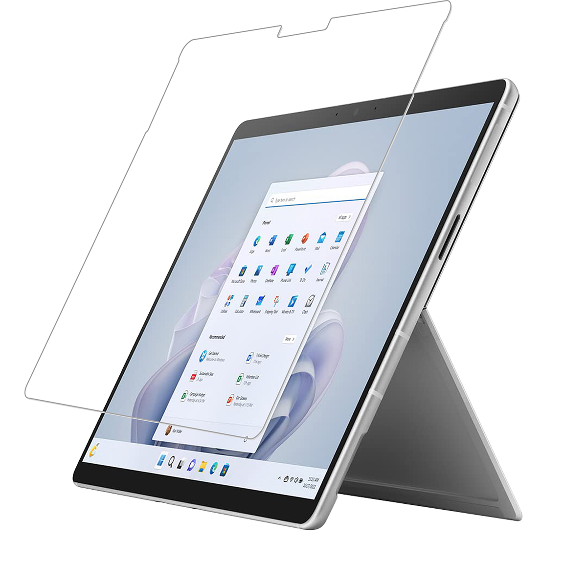 Tablet with screen protector. The tablet is on a stand. Clear protector over screen.