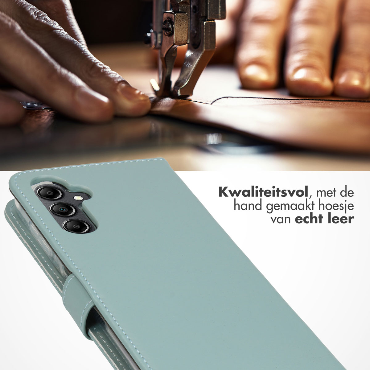 Een close-up toont een telefoonhoesje met een naaimachine op de achtergrond. De hoes is lichtblauw met een tekstoverlay.
