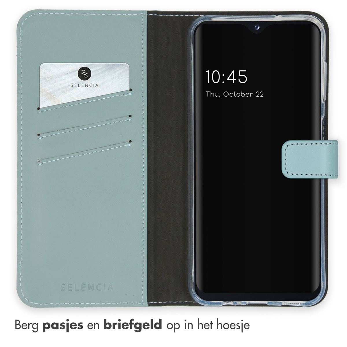 Blauwe en zwarte telefoonhoes met een telefoon erin. De tekst bovenaan is 'Selencia'.