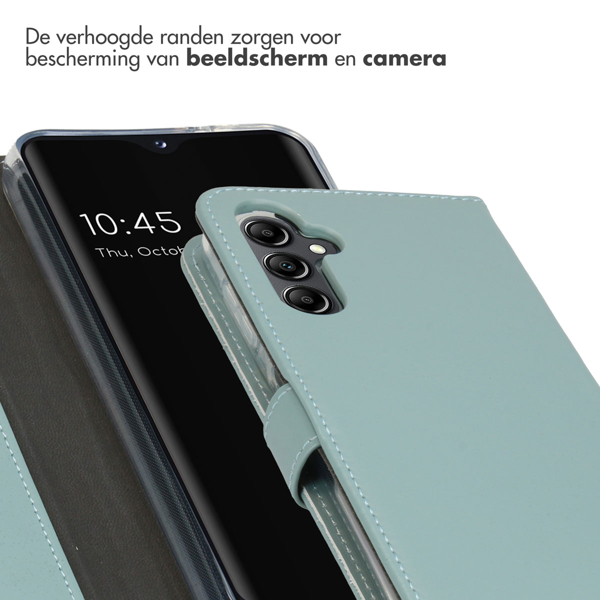 Een telefoon in een blauwe hoes, met scherm en camera zichtbaar. Heeft een magnetische sluiting.