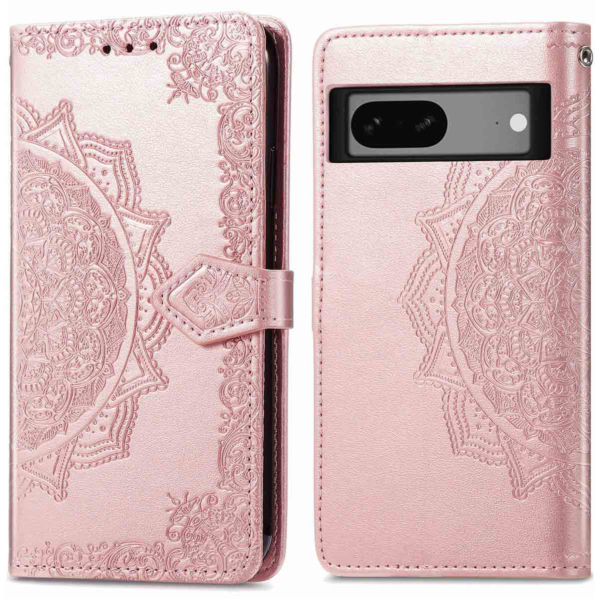 Coque de téléphone rose avec motif mandala et fermeture magnétique.