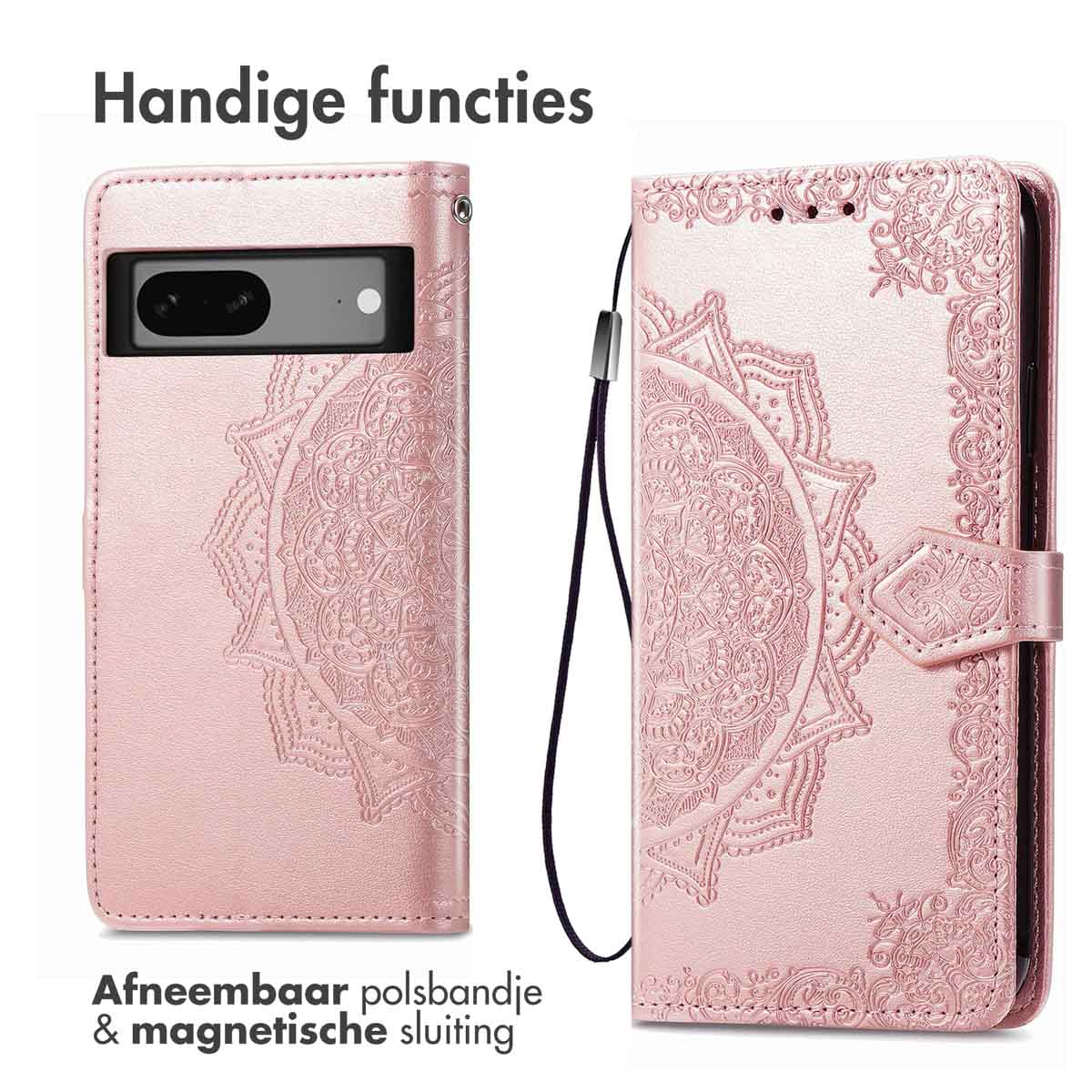 Étui de téléphone rose avec un motif mandala. L'étui a une dragonne amovible.
