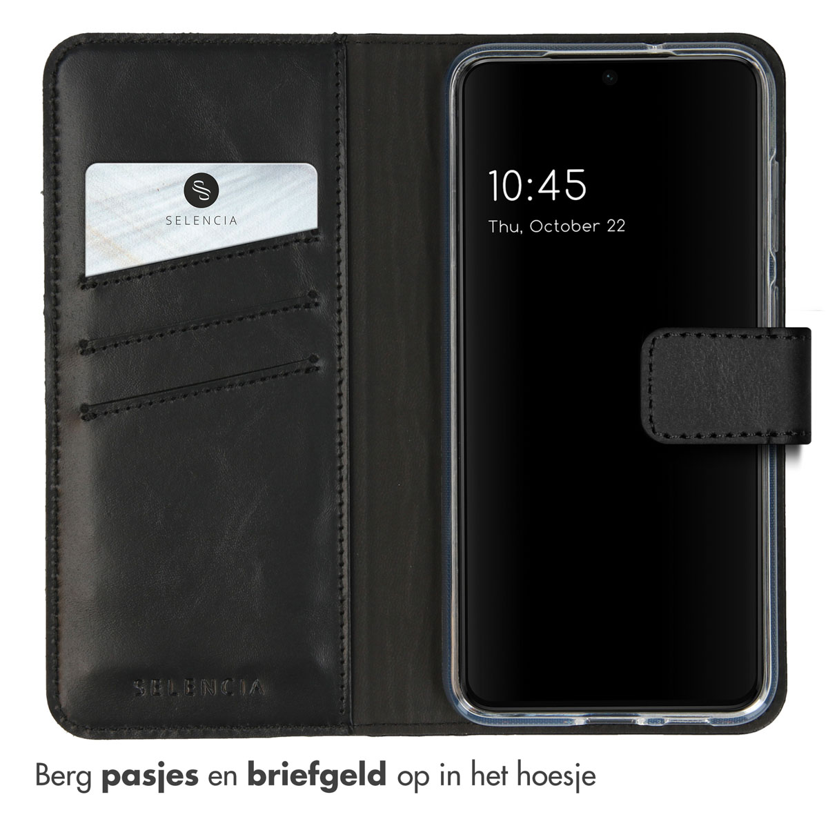 Zwarte telefoonhoes met kaartsleuven en tijd op de telefoon.