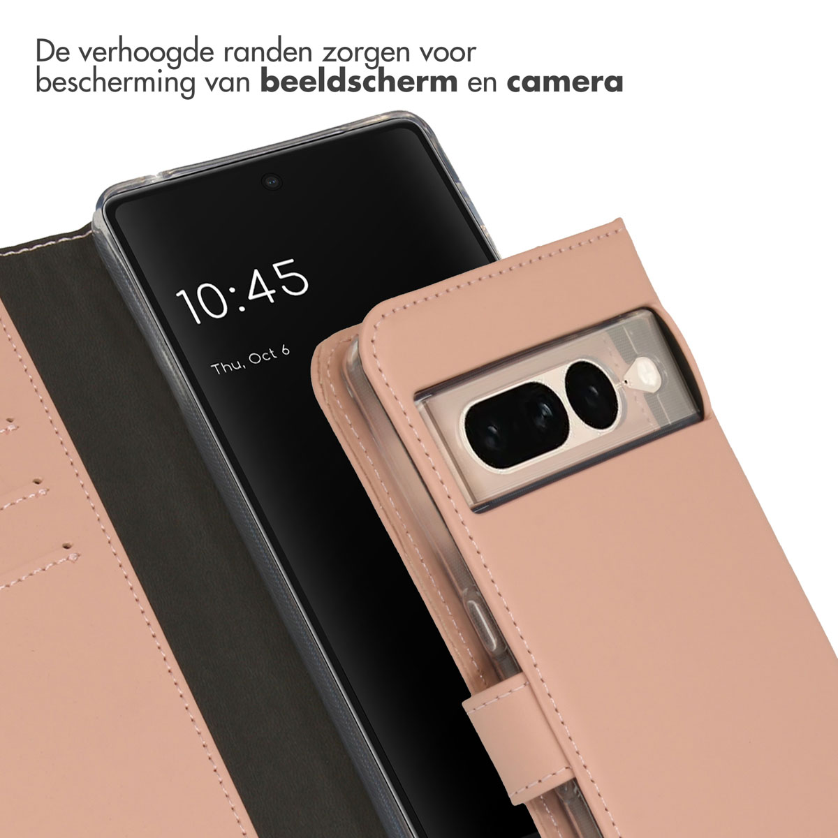 Custodia rosa con telefono dentro. Il telefono mostra 10:45, 6 ott. La custodia ha bordi rialzati per la protezione.