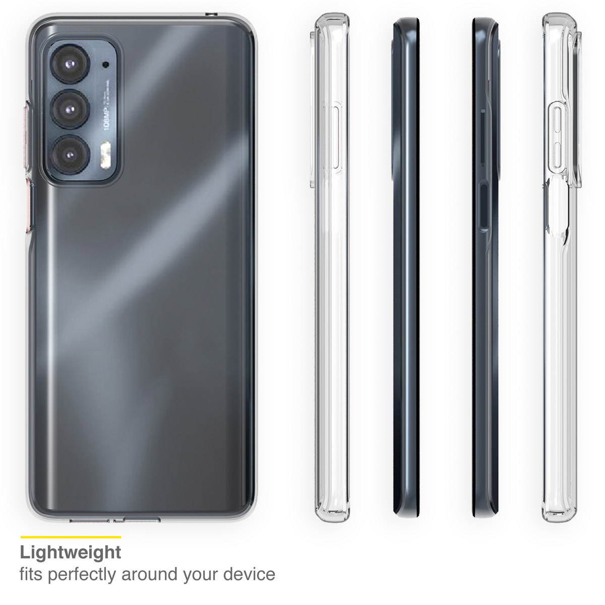 Telefoon in een transparante hoes, achter- en zijaanzicht. Lichtgewicht ontwerp benadrukt.