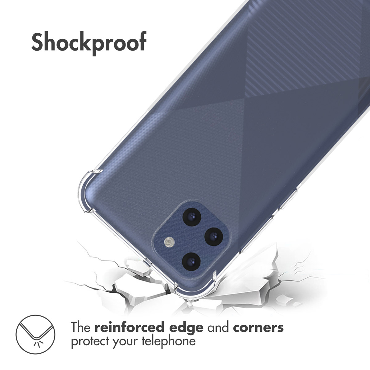 Blauw telefoonhoesje, robuust ontwerp. Hoesje wordt laten vallen, toont scheuren.