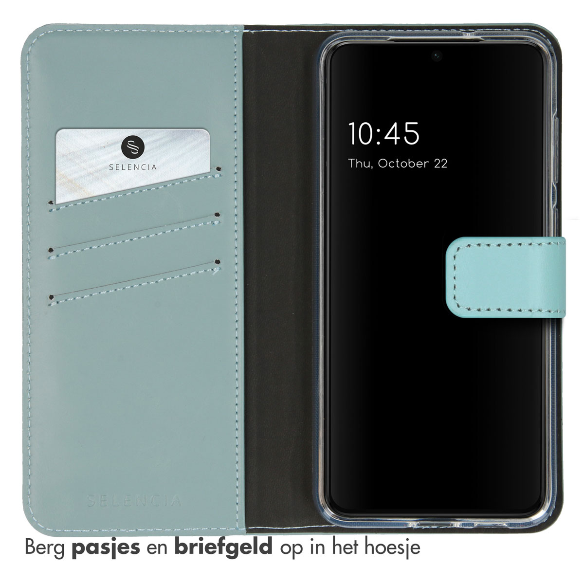 Turquoise telefoonhoes open, met een telefoon met tijd en kaartsleuven.
