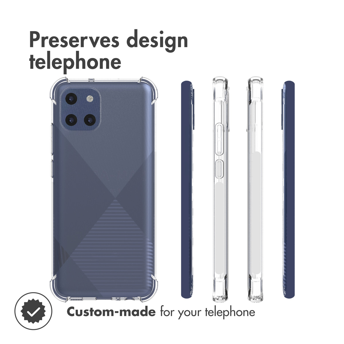 Blauwe telefoon, met een transparante hoes, en zijaanzichten. Op maat gemaakt.